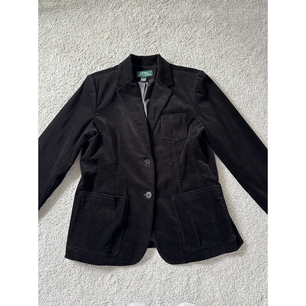Ralph Lauren Black Corduroy Blazer Two Button Lined Jacket Women Large 2 button‎